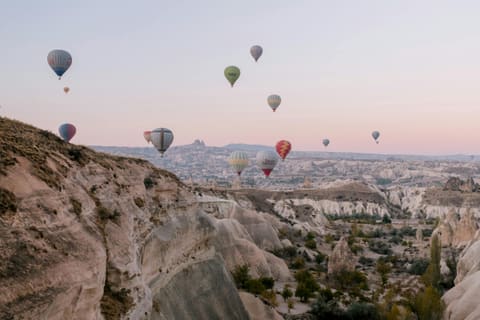 Colourful balloons rising over the rock valleys in a pink sunrise sky